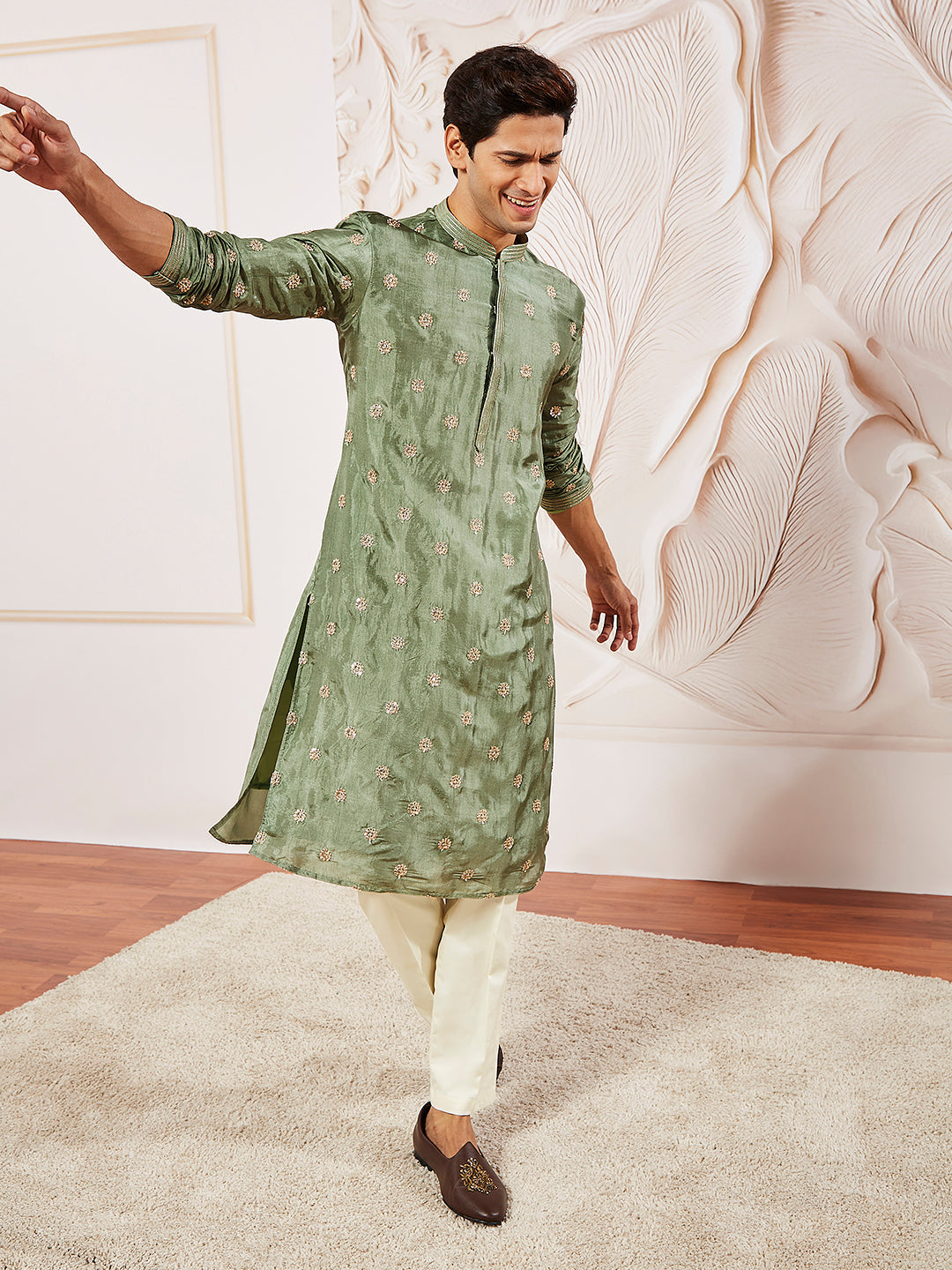 Men's Green Tissue Silk Kurta