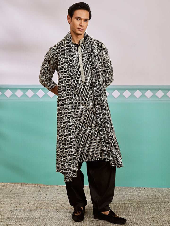 Men's Black Rayon Kurta, Patiala And Dupatta Set.