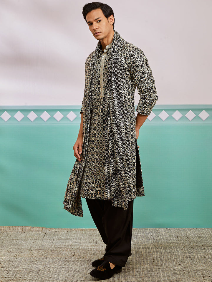 Men's Black Rayon Kurta, Patiala And Dupatta Set.