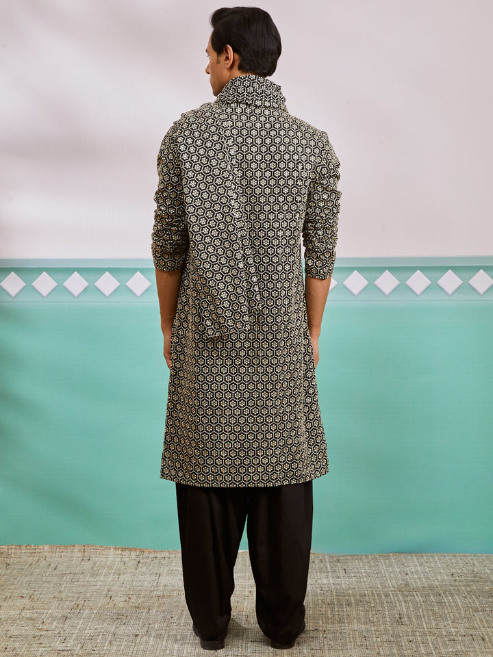 Men's Black Rayon Kurta, Patiala And Dupatta Set.