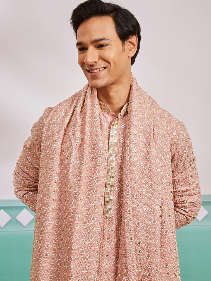 Men's Peach Rayon Kurta, Pyjama And Dupatta Set.