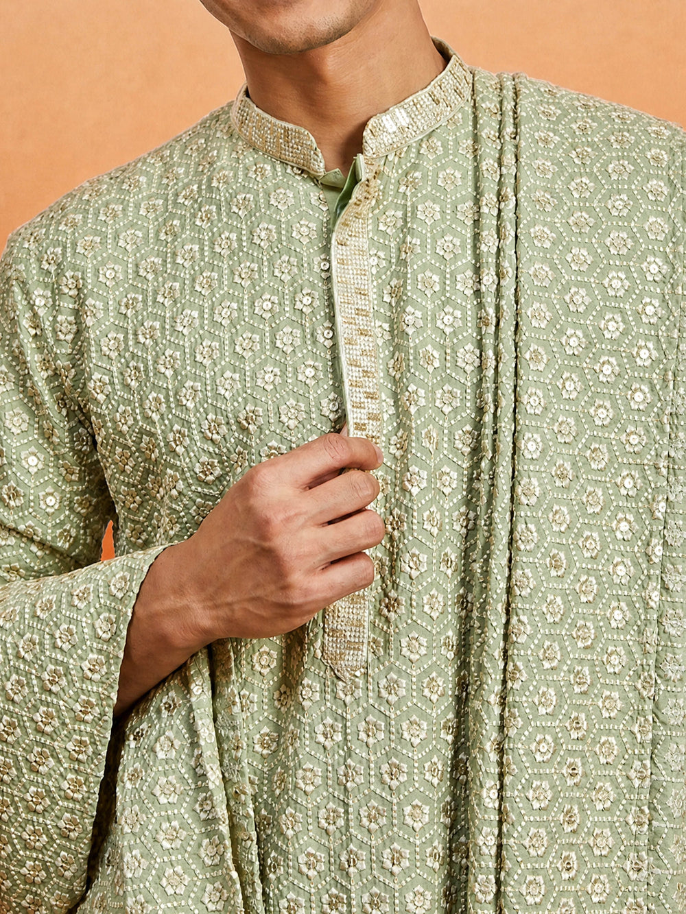 Men's Sage Rayon Embroidered Knee-Length Kurta with Patiala & Dupatta