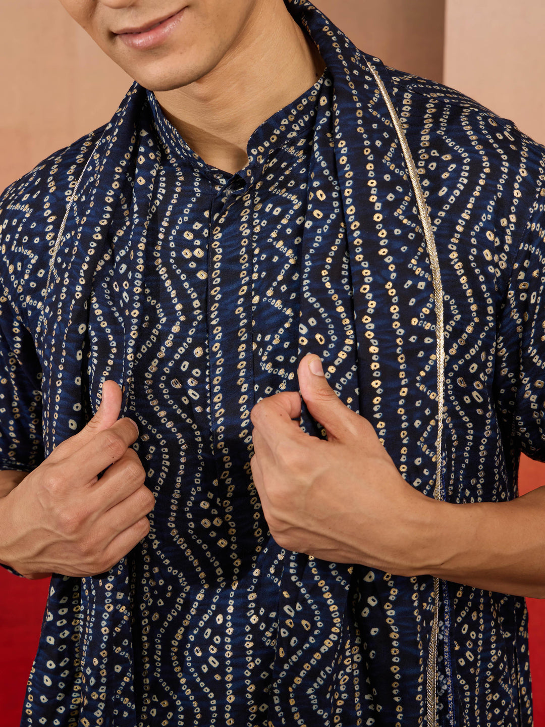 Mens Blue Bandhani Kurta Set with Cream Pant and Dupatta