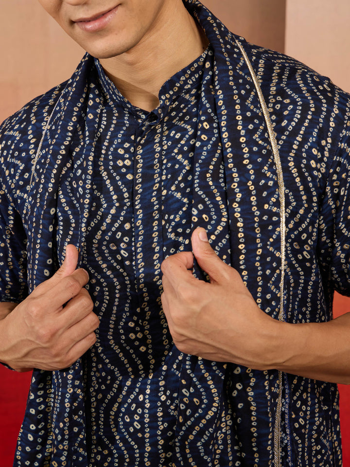 Mens Blue Bandhani Kurta Set with Cream Pant and Dupatta