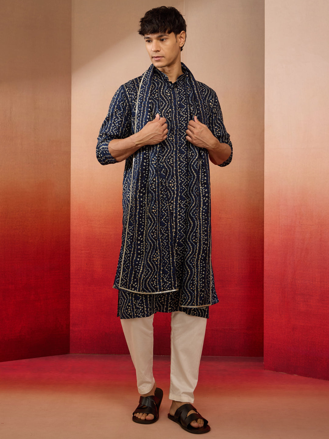 Mens Blue Bandhani Kurta Set with Cream Pant and Dupatta