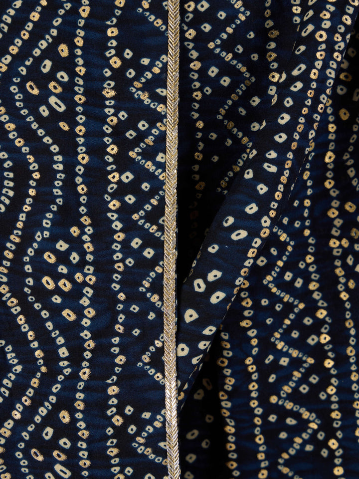 Mens Blue Bandhani Kurta Set with Cream Pant and Dupatta