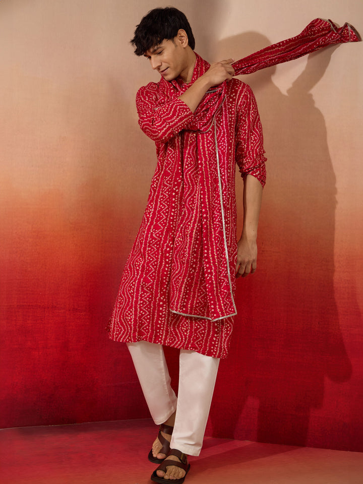 Mens Falsa Bandhani Kurta Set with Cream Pant and Dupatta