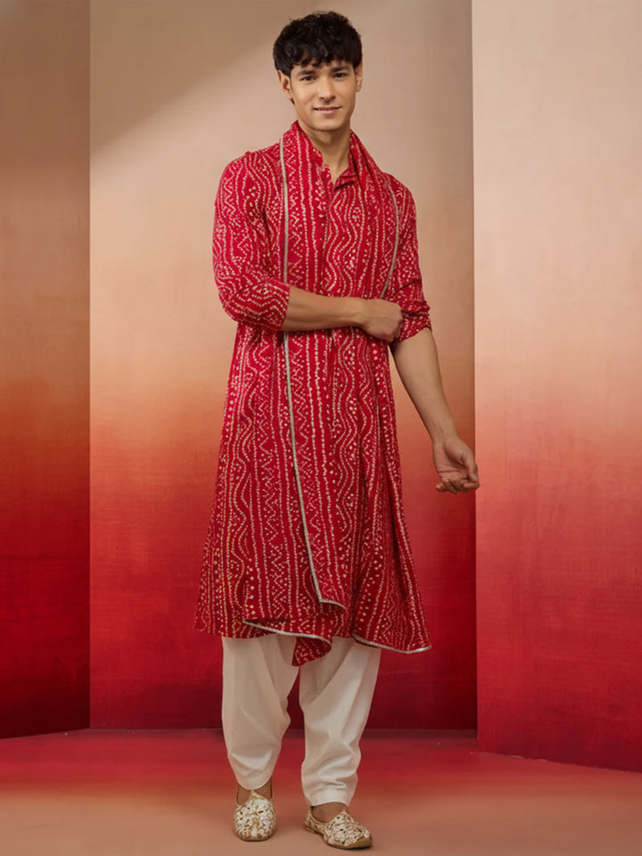 Men's Falsa Bandhani Print Kurta Set With Dupatta