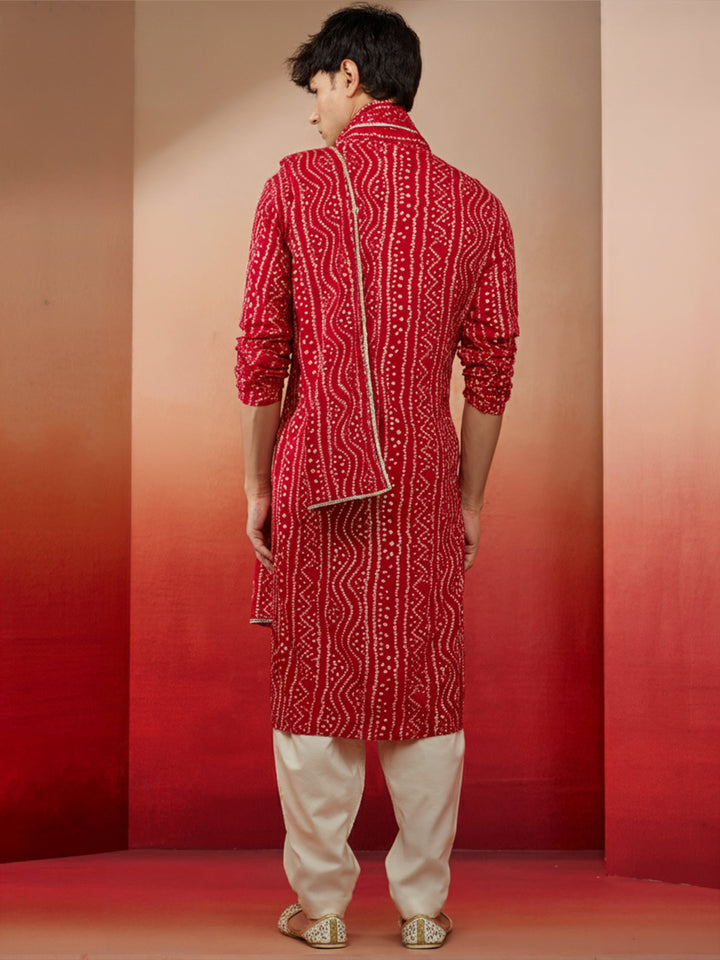 Men's Falsa Bandhani Print Kurta Set With Dupatta