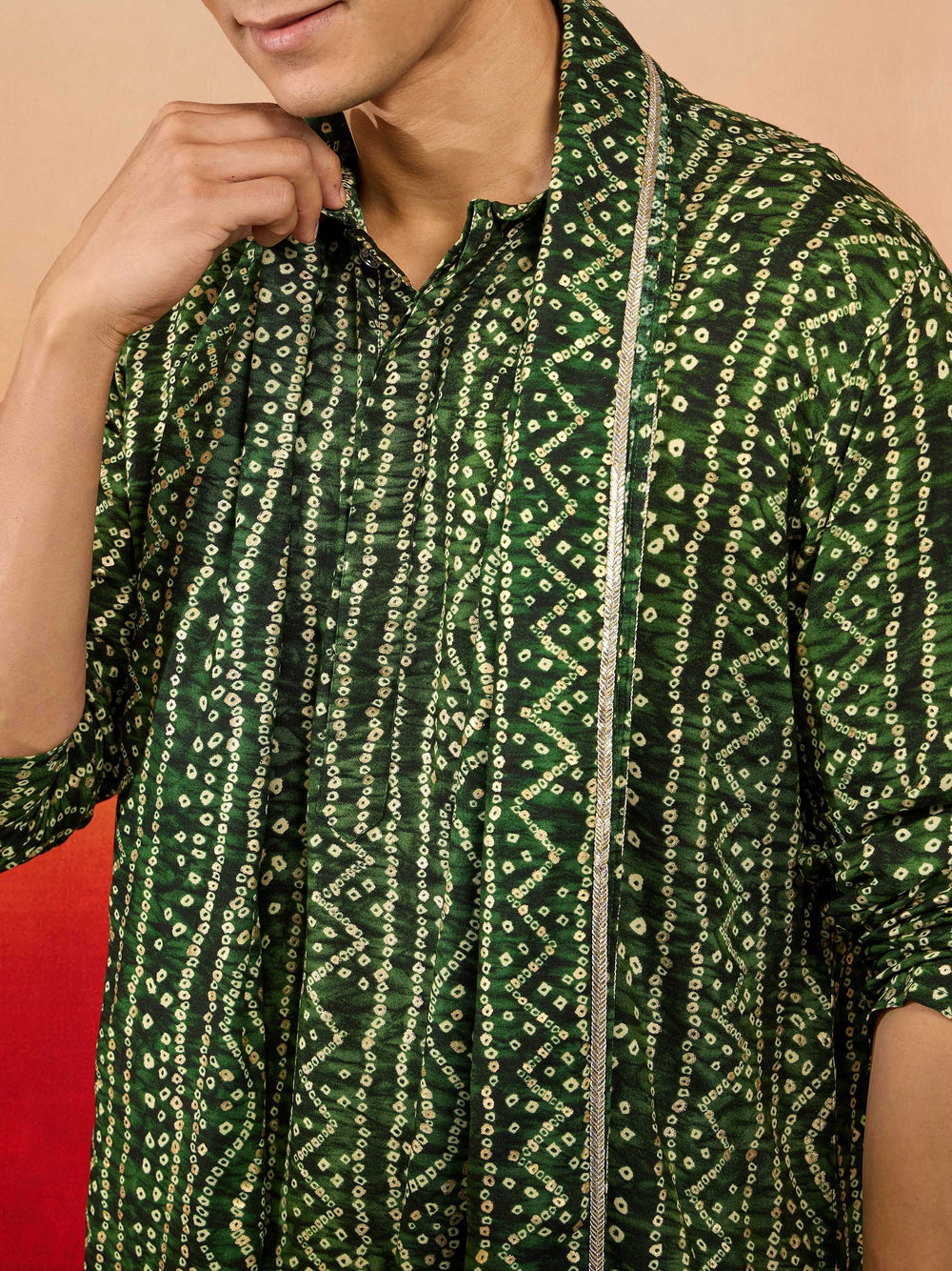 Men's Green Rayon Bandhani Knee-Length Kurta with Dhoti & Dupatta