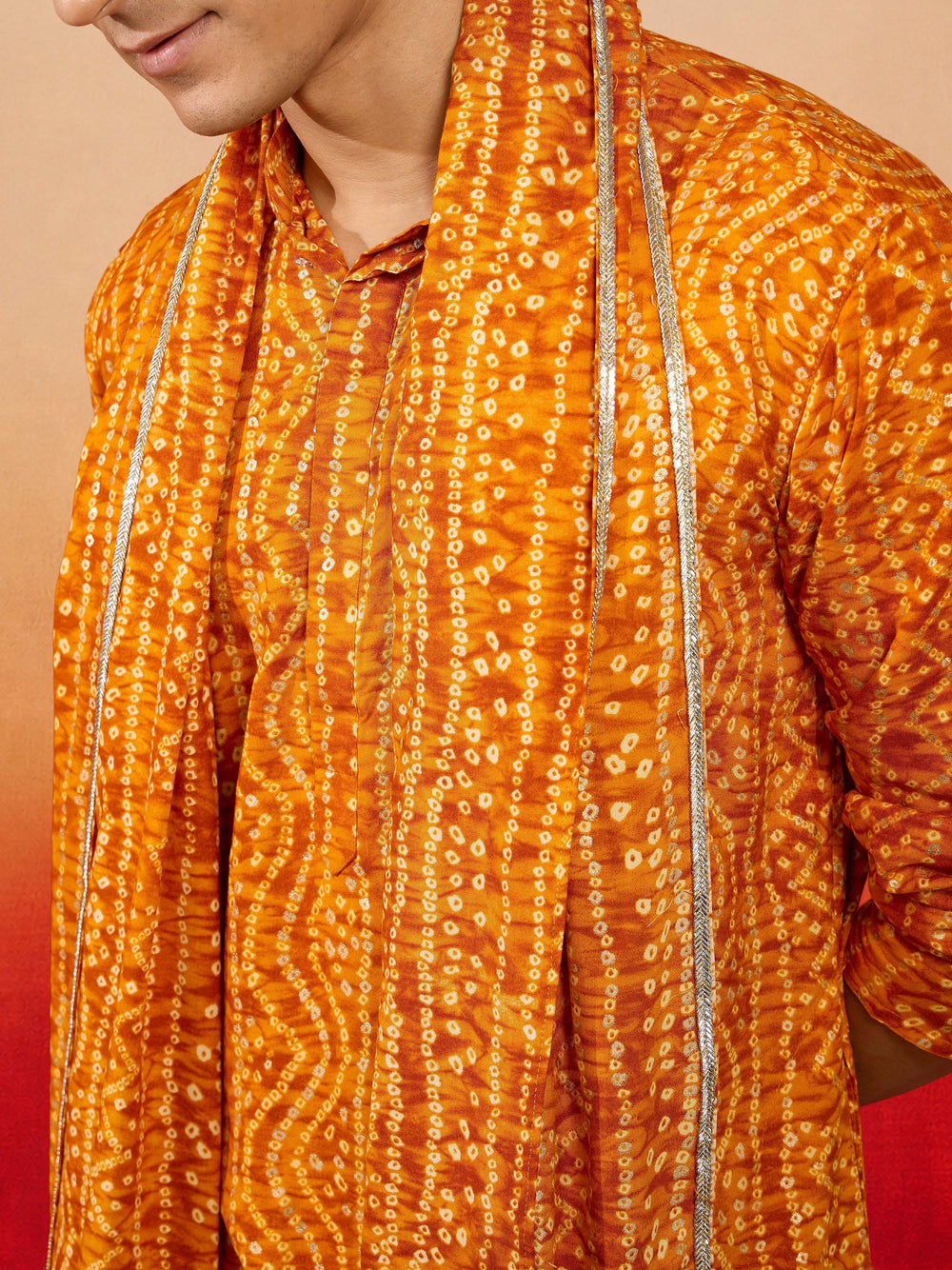 Men's Mustard Rayon Bandhani Knee-Length Kurta with Dhoti & Dupatta