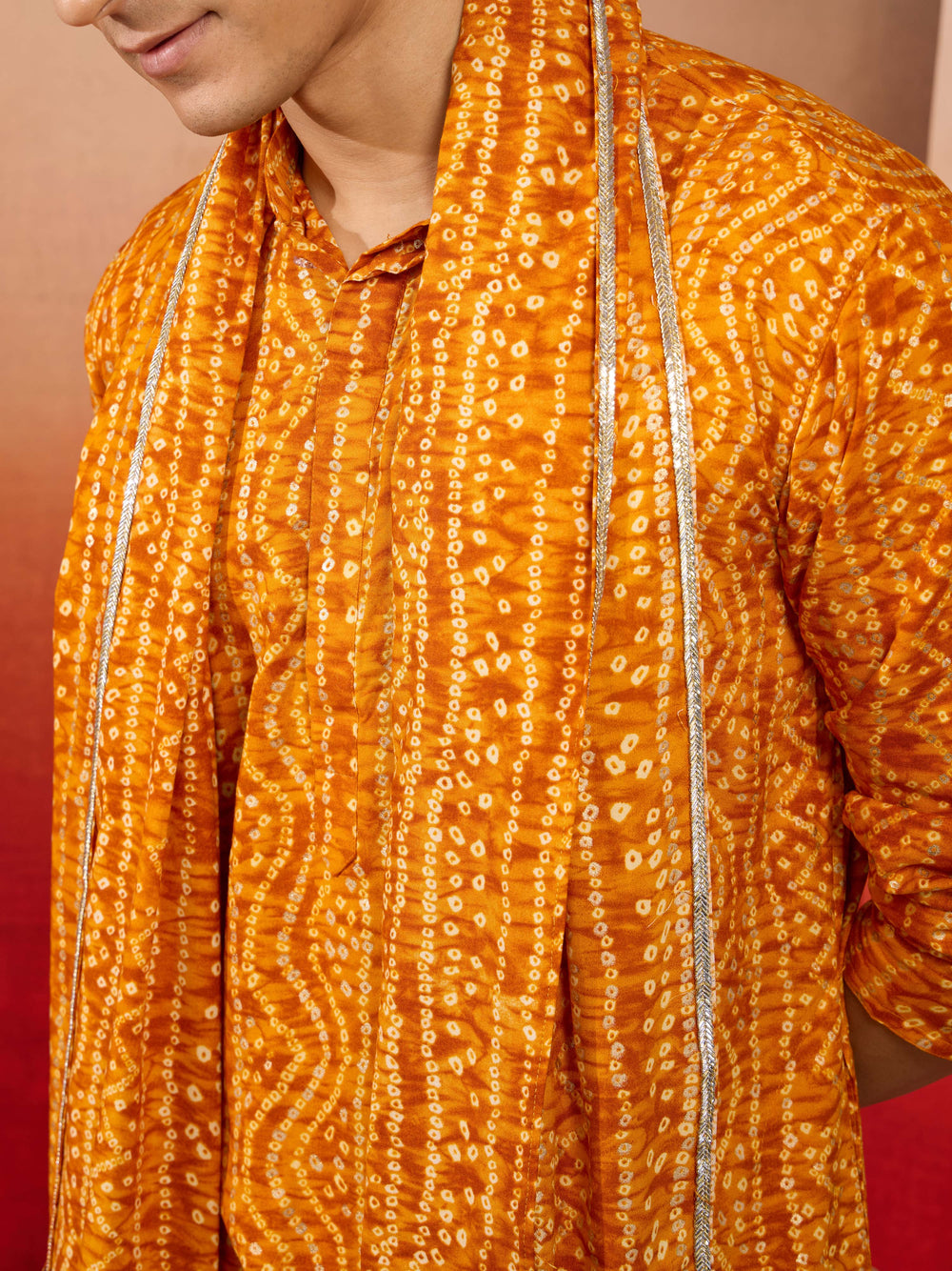 Mens Mustard Bandhani Kurta Set with Cream Pant and Dupatta