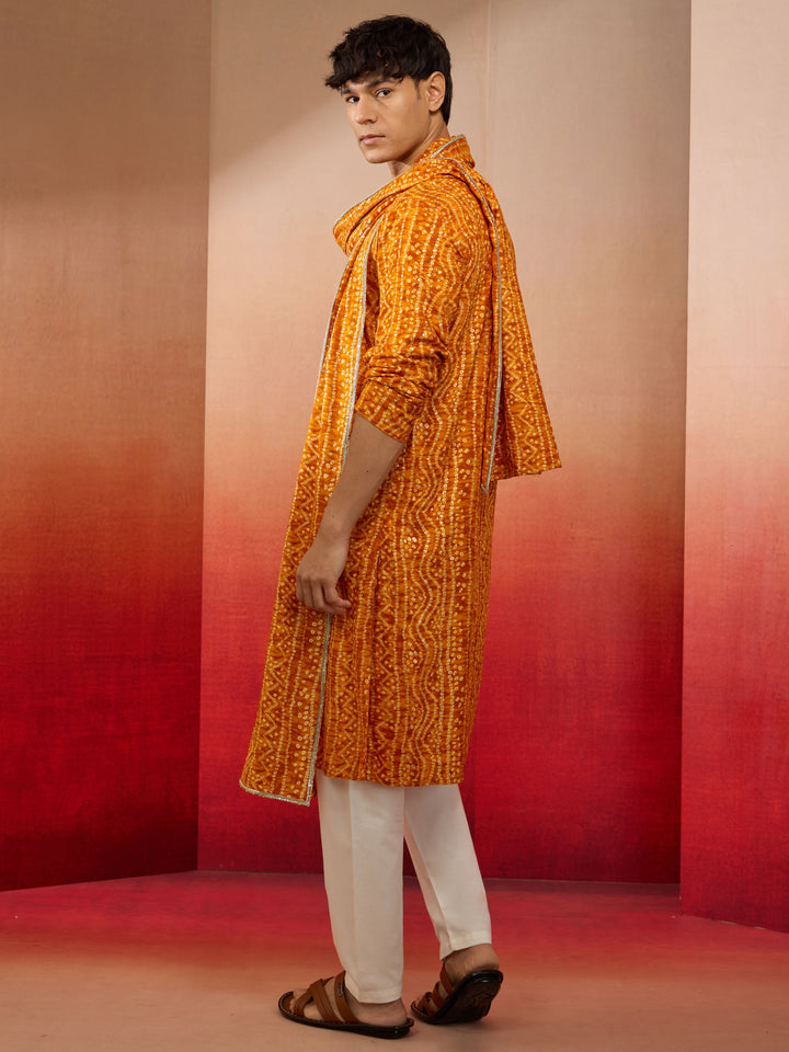 Mens Mustard Bandhani Kurta Set with Cream Pant and Dupatta