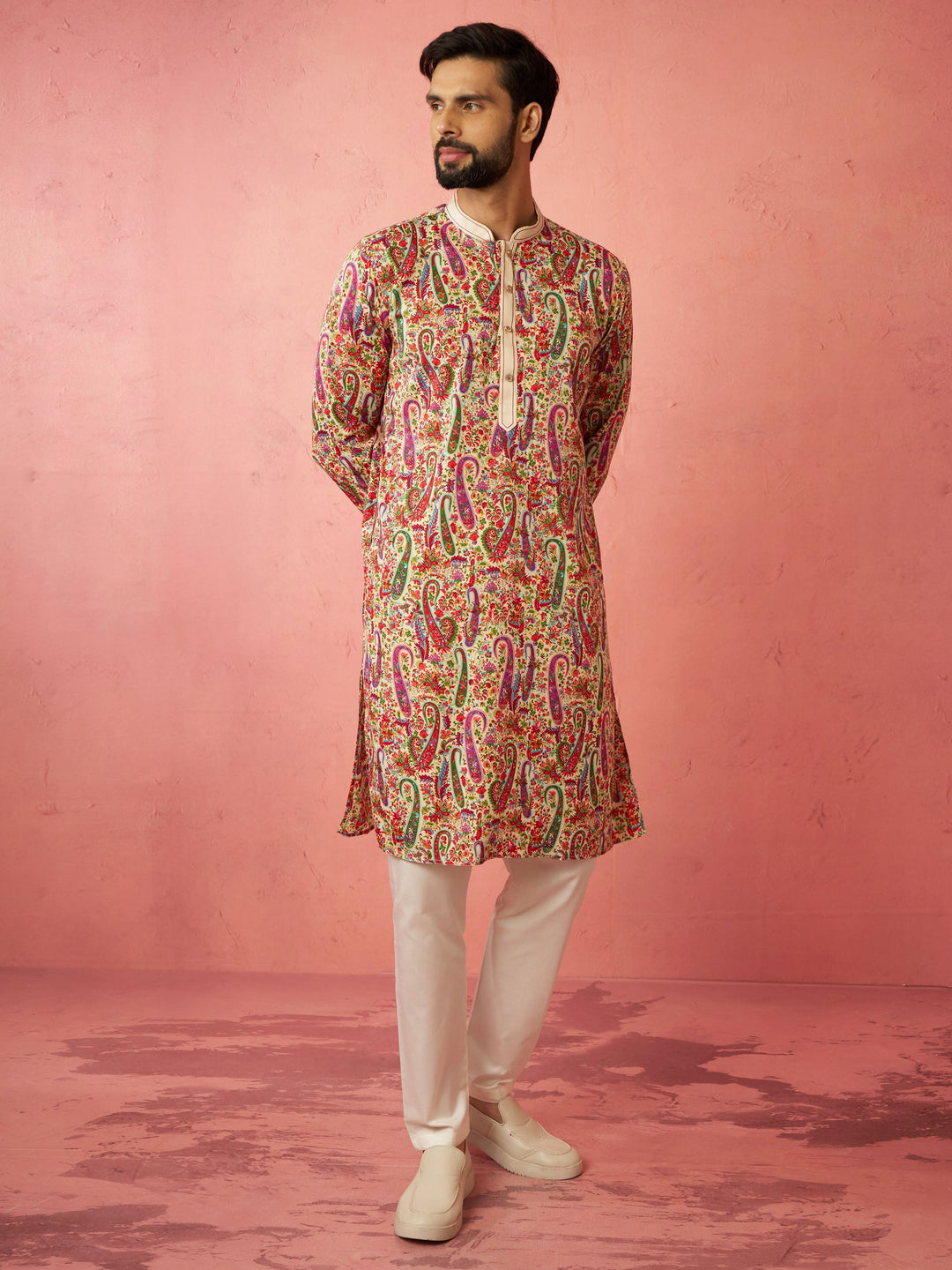 Men's Cream Kurta with Cream Pyjama