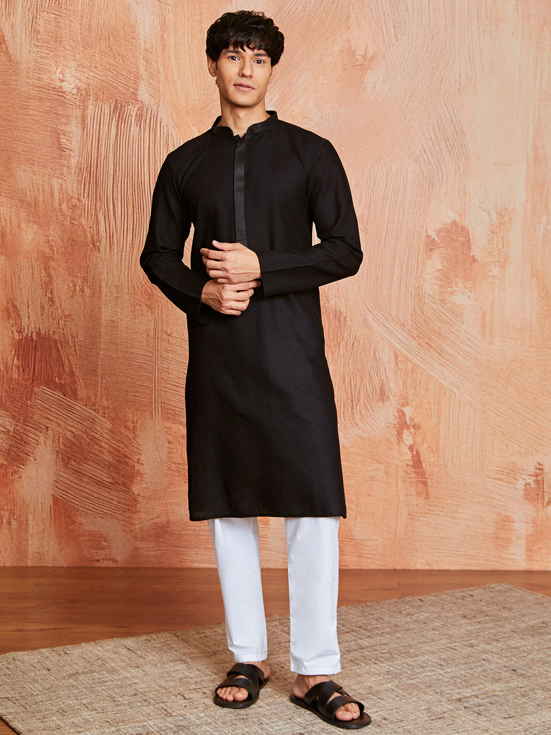 Men's Black Cotton  Kurta And Pyjama Set