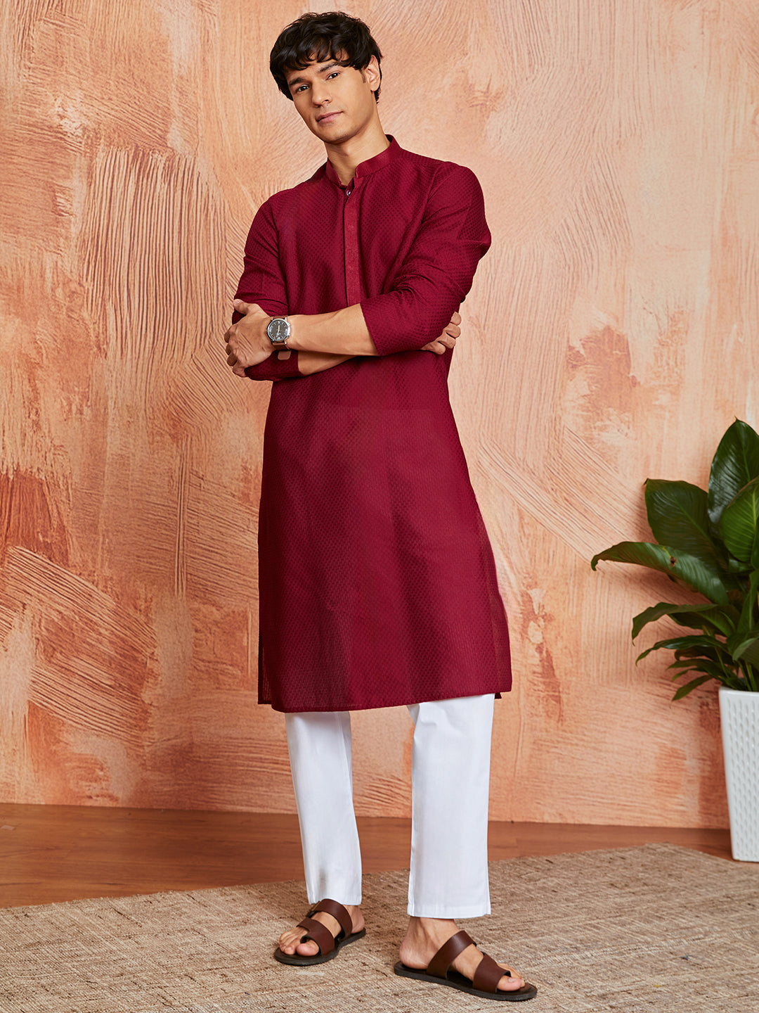 Men's Maroon Cotton  Kurta