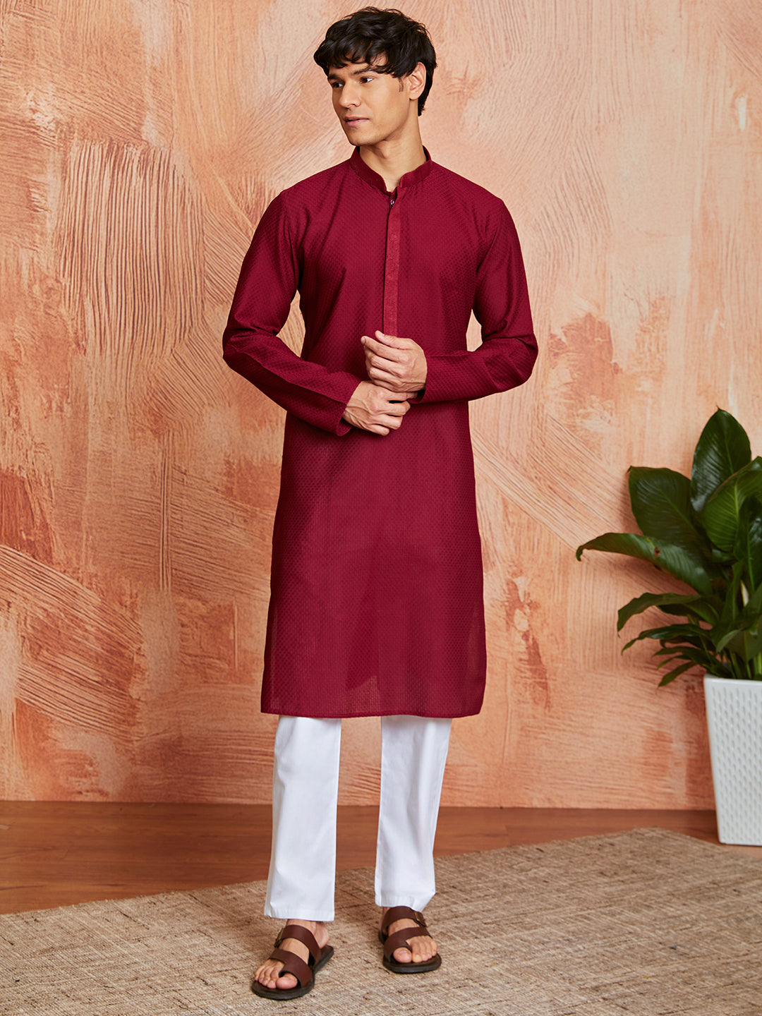 Men's Maroon Cotton  Kurta And Pyjama Set