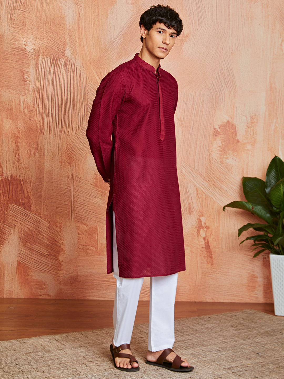 Men's Maroon Cotton  Kurta And Pyjama Set