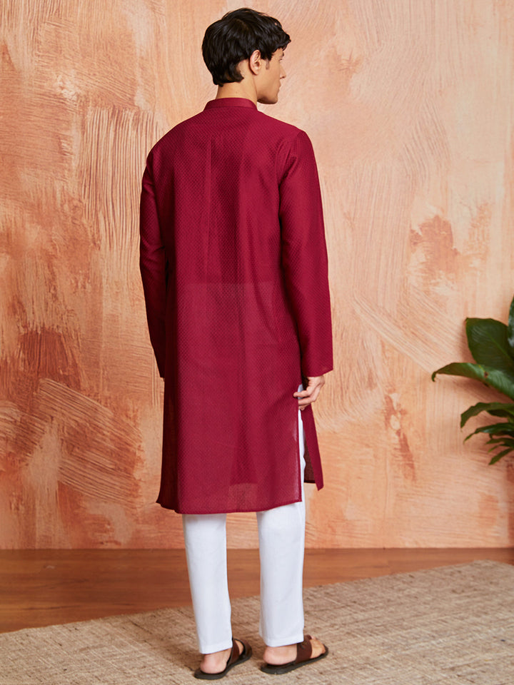 Men's Maroon Cotton  Kurta And Pyjama Set