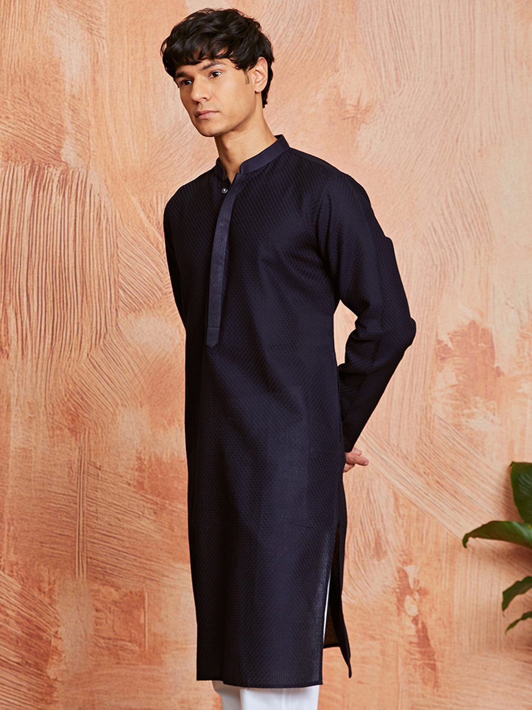 Men's Navy Blue Cotton  Kurta