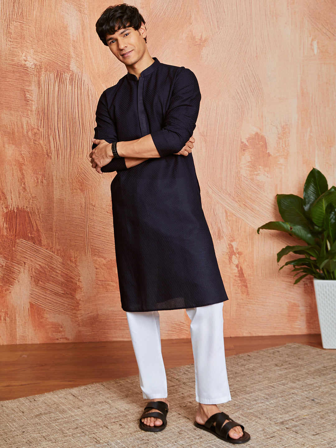 Men's Navy Blue Cotton  Kurta