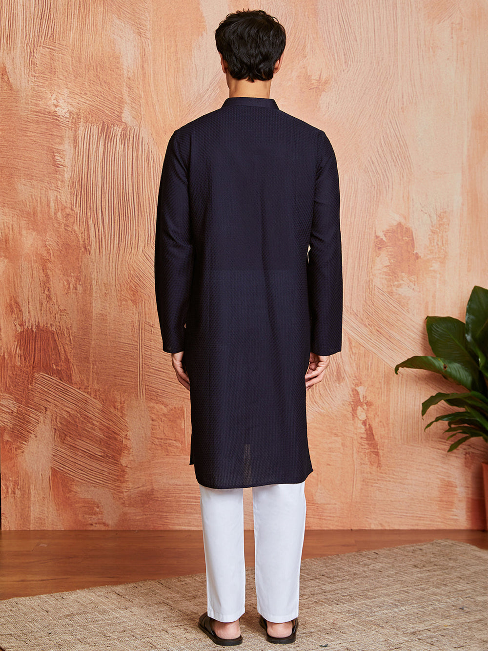 Men's Navy Blue Cotton  Kurta And Pyjama Set