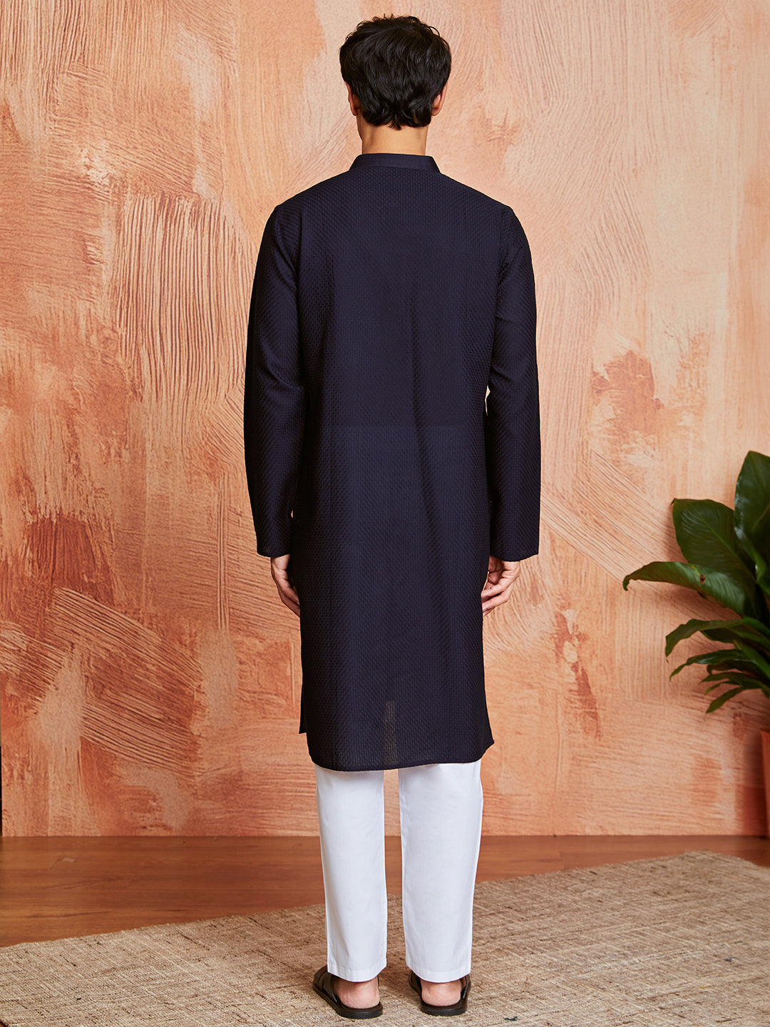 Men's Navy Blue Cotton  Kurta And Pyjama Set
