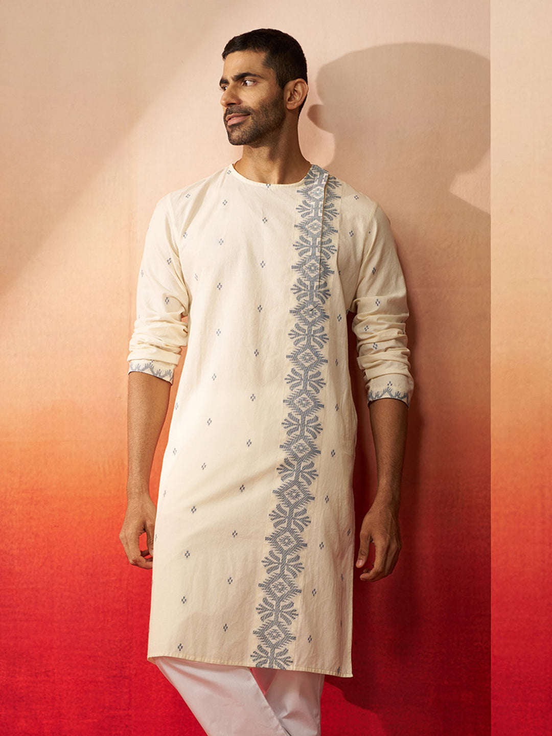 Men's White Blue Cotton Jamdani Kurta
