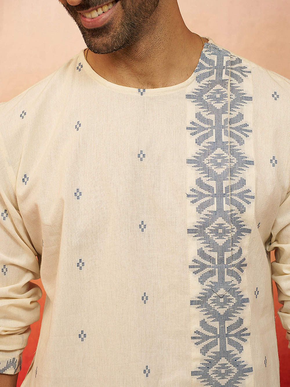 Men's White Blue Cotton Jamdani Kurta