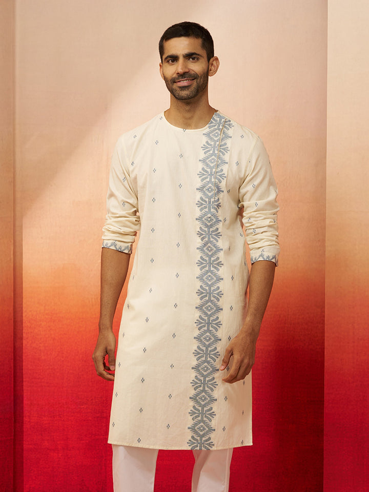 Men's White Blue Cotton Jamdani Kurta
