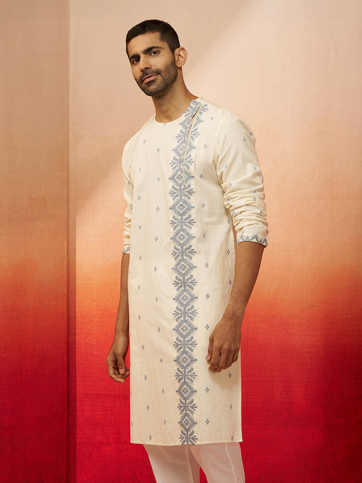Men's White Blue Cotton Jamdani Kurta