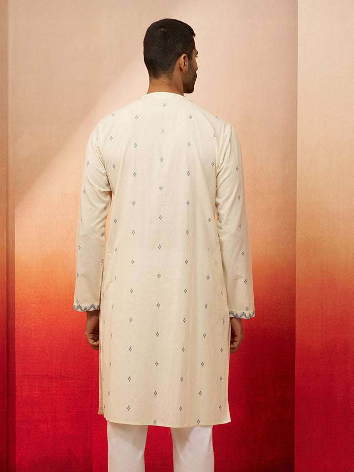 Men's White Blue Cotton Jamdani Kurta