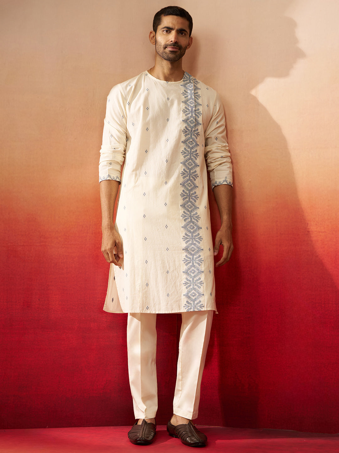 Men's White Blue Cotton Jamdani Kurta