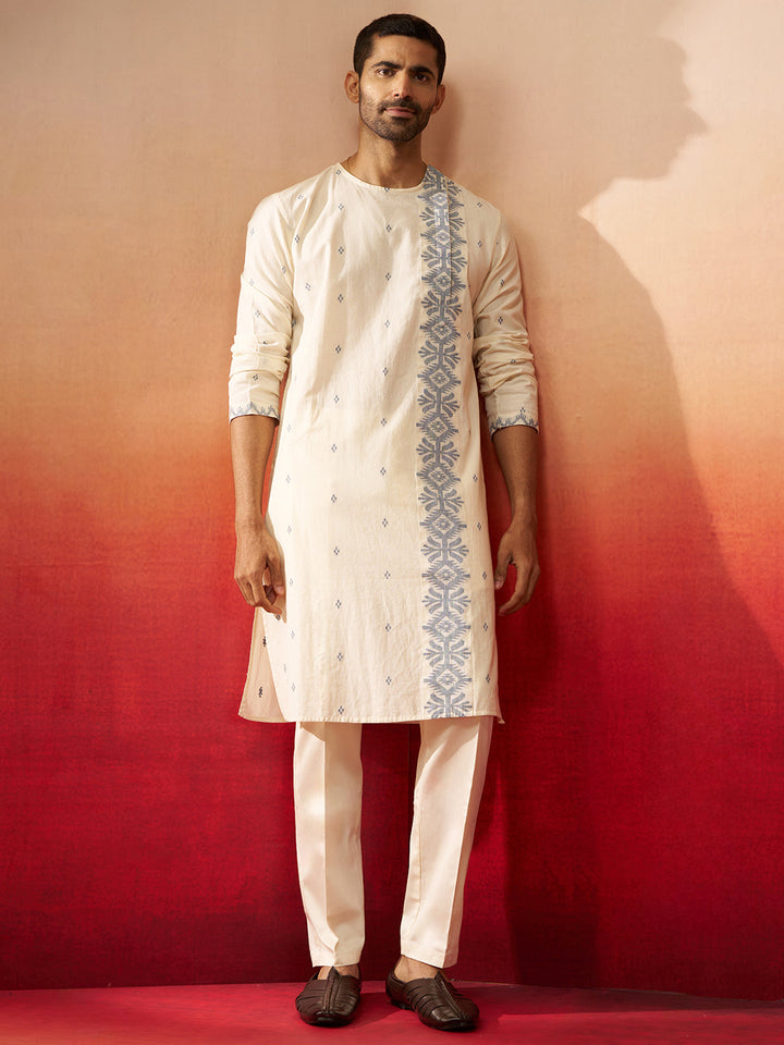 Men's White Blue Cotton Jamdani Kurta