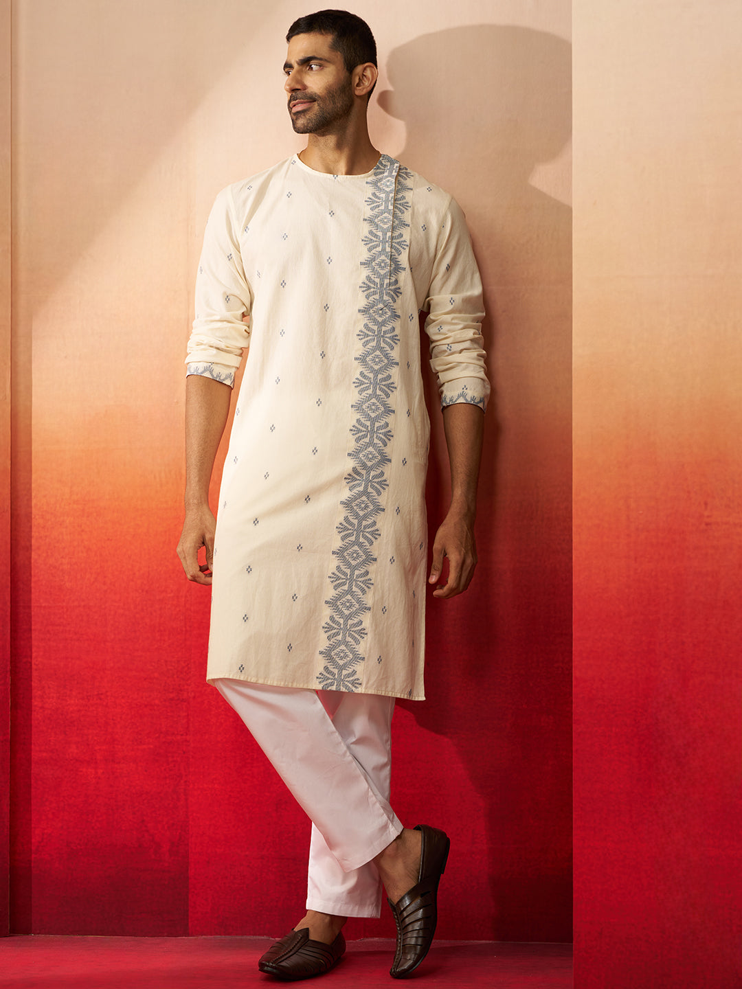 Men's White Blue Jamdani Kurta Pyjama Set