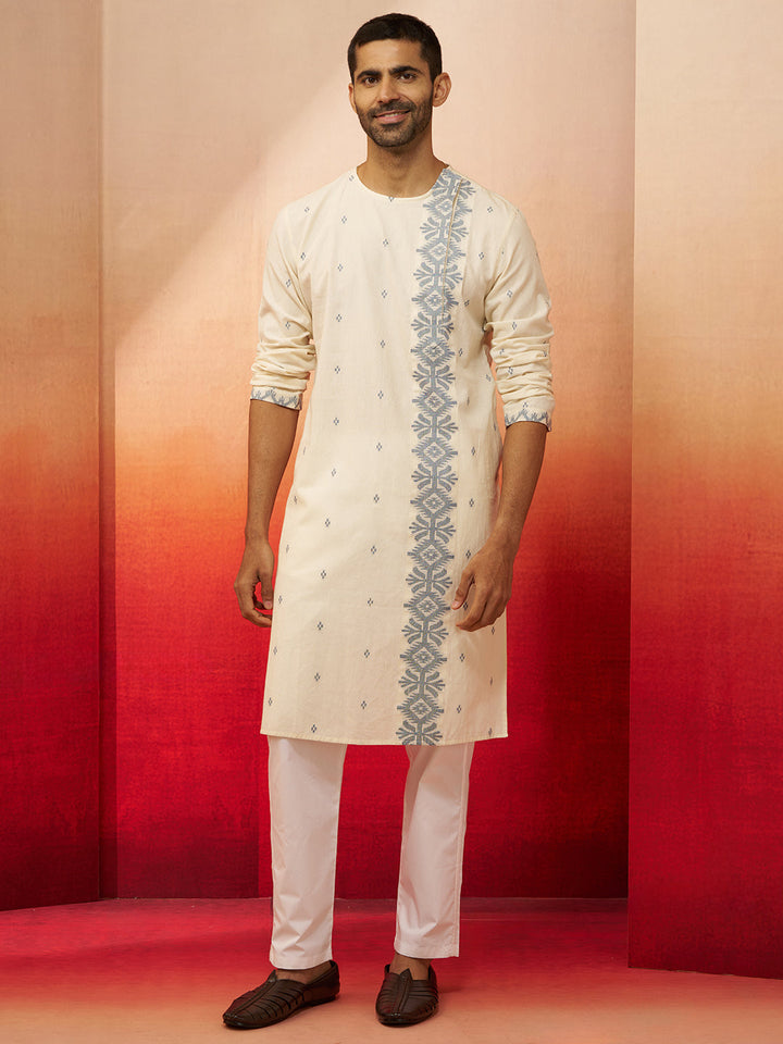 Men's White Blue Jamdani Kurta Pyjama Set