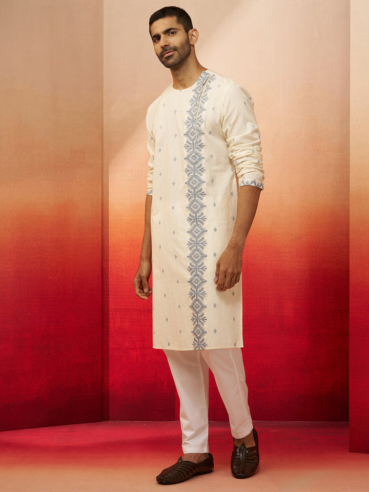 Men's White Blue Jamdani Kurta Pyjama Set