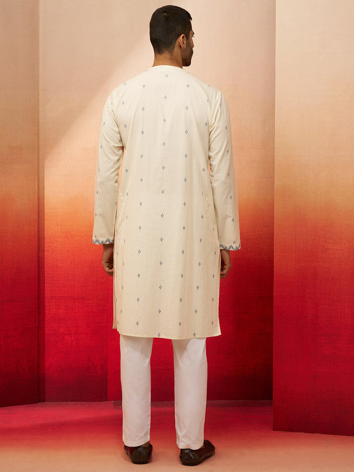 Men's White Blue Jamdani Kurta Pyjama Set