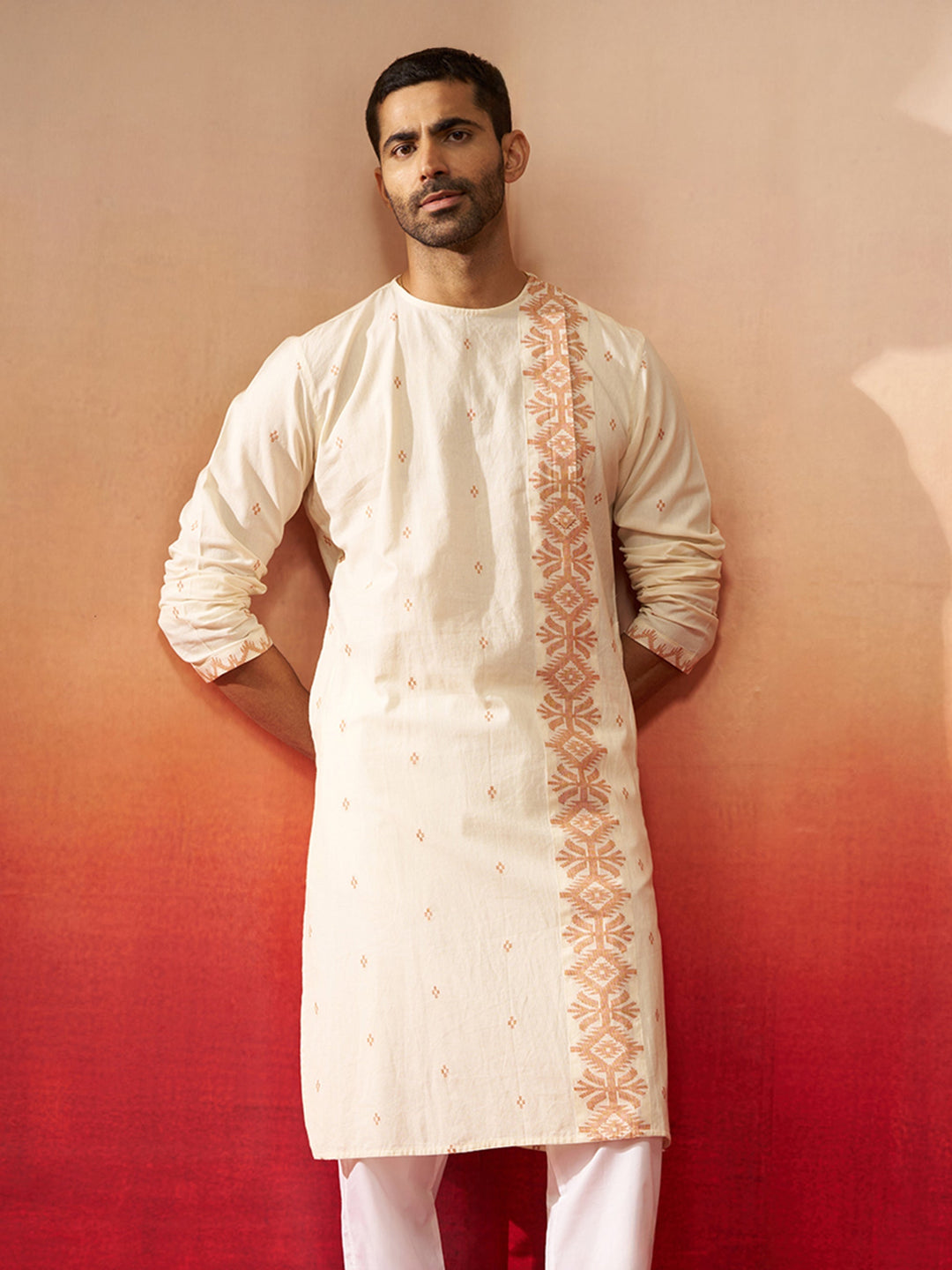 Men's White Rust Cotton Jamdani Kurta