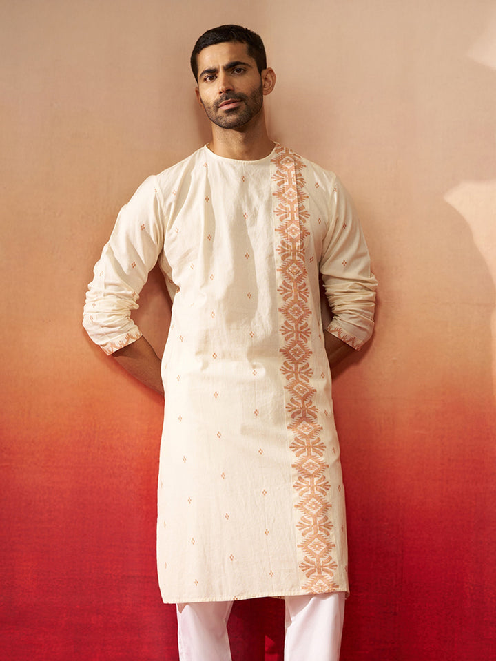 Men's White Rust Cotton Jamdani Kurta
