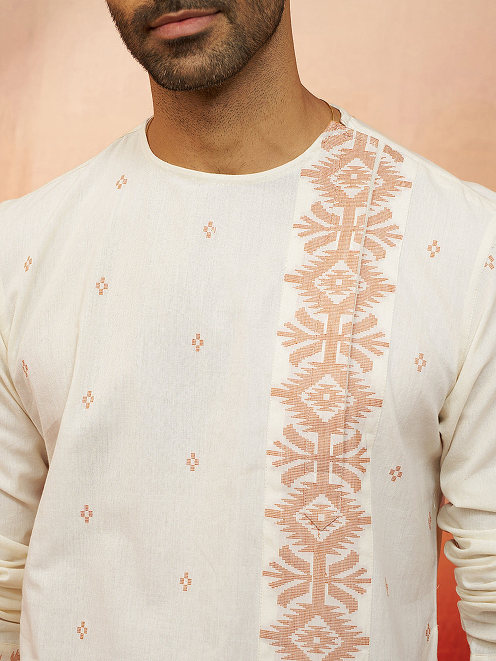Men's White Rust Cotton Jamdani Kurta
