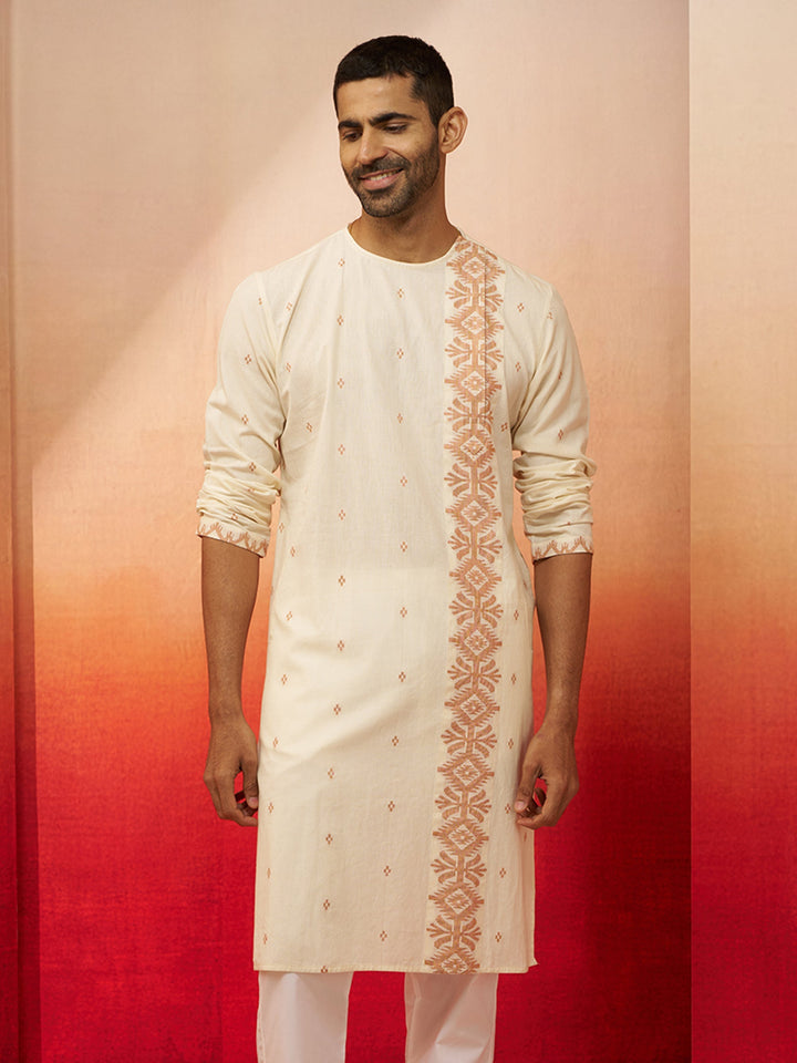 Men's White Rust Cotton Jamdani Kurta