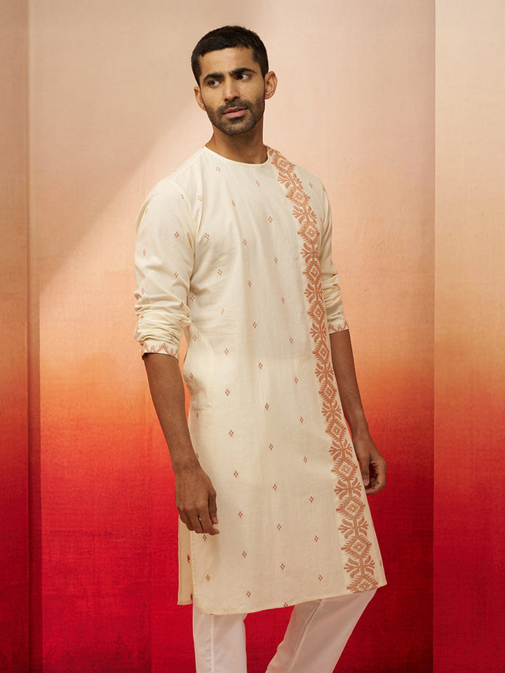 Men's White Rust Cotton Jamdani Kurta