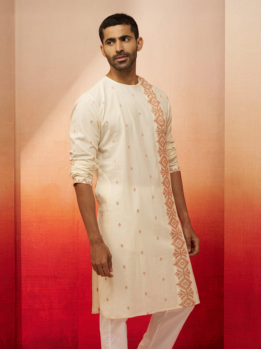 Men's White Rust Cotton Jamdani Kurta