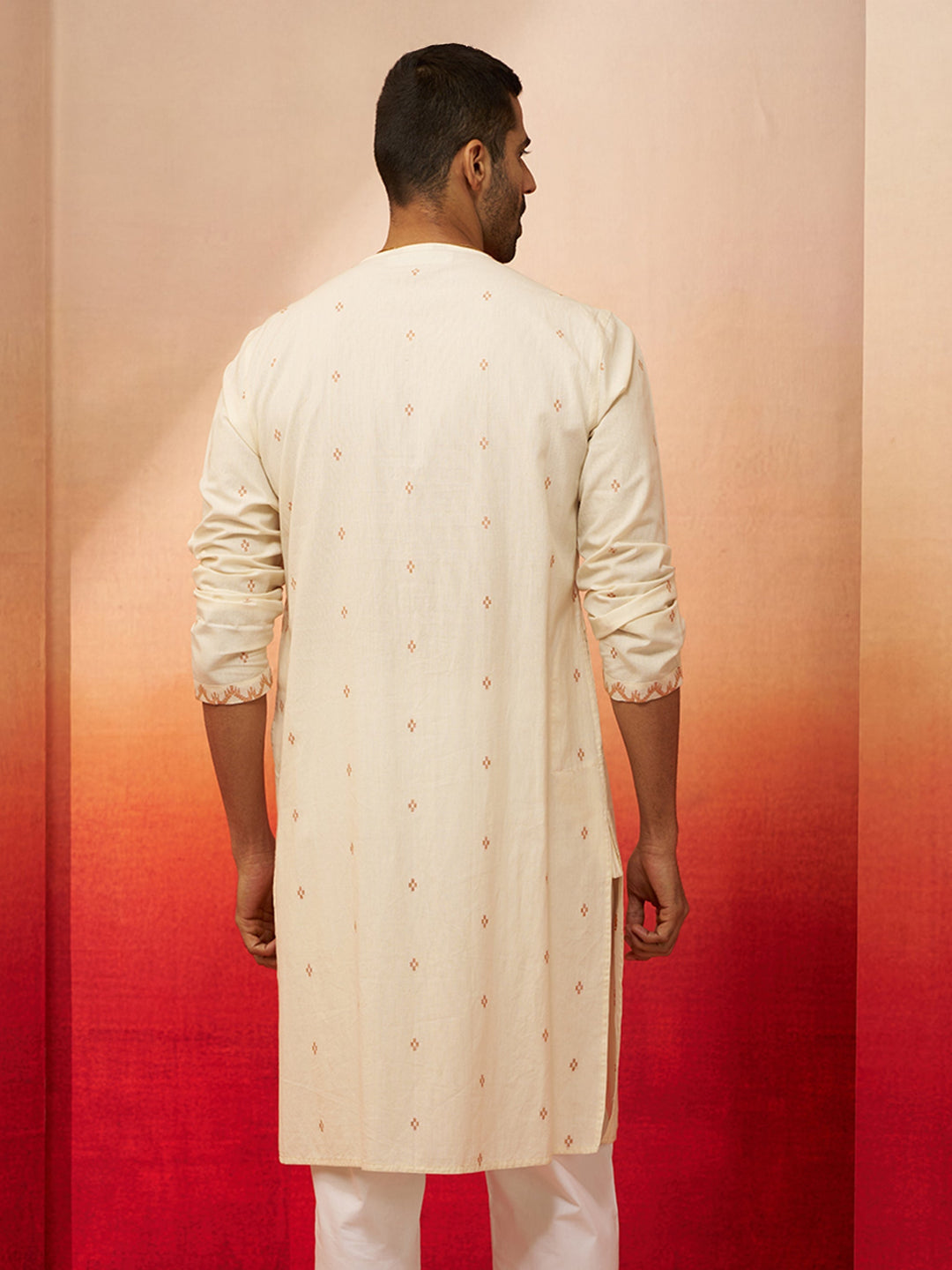Men's White Rust Cotton Jamdani Kurta