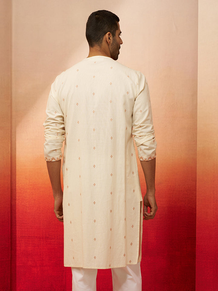 Men's White Rust Cotton Jamdani Kurta