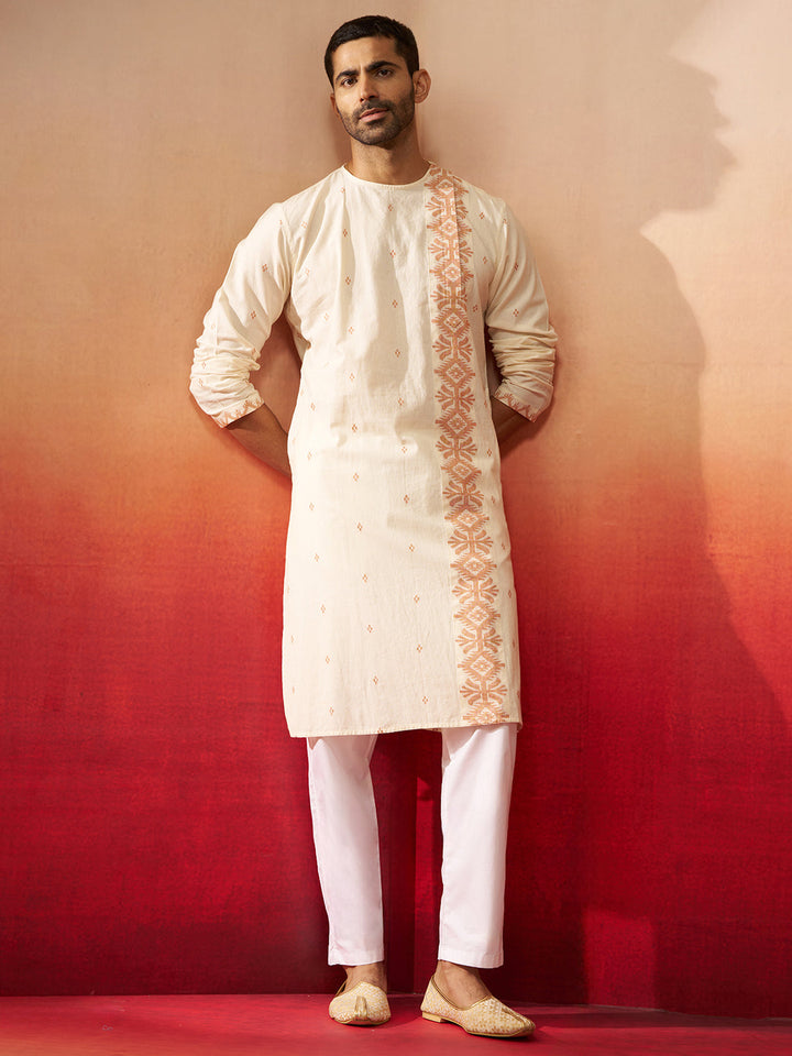 Men's White Rust Cotton Jamdani Kurta