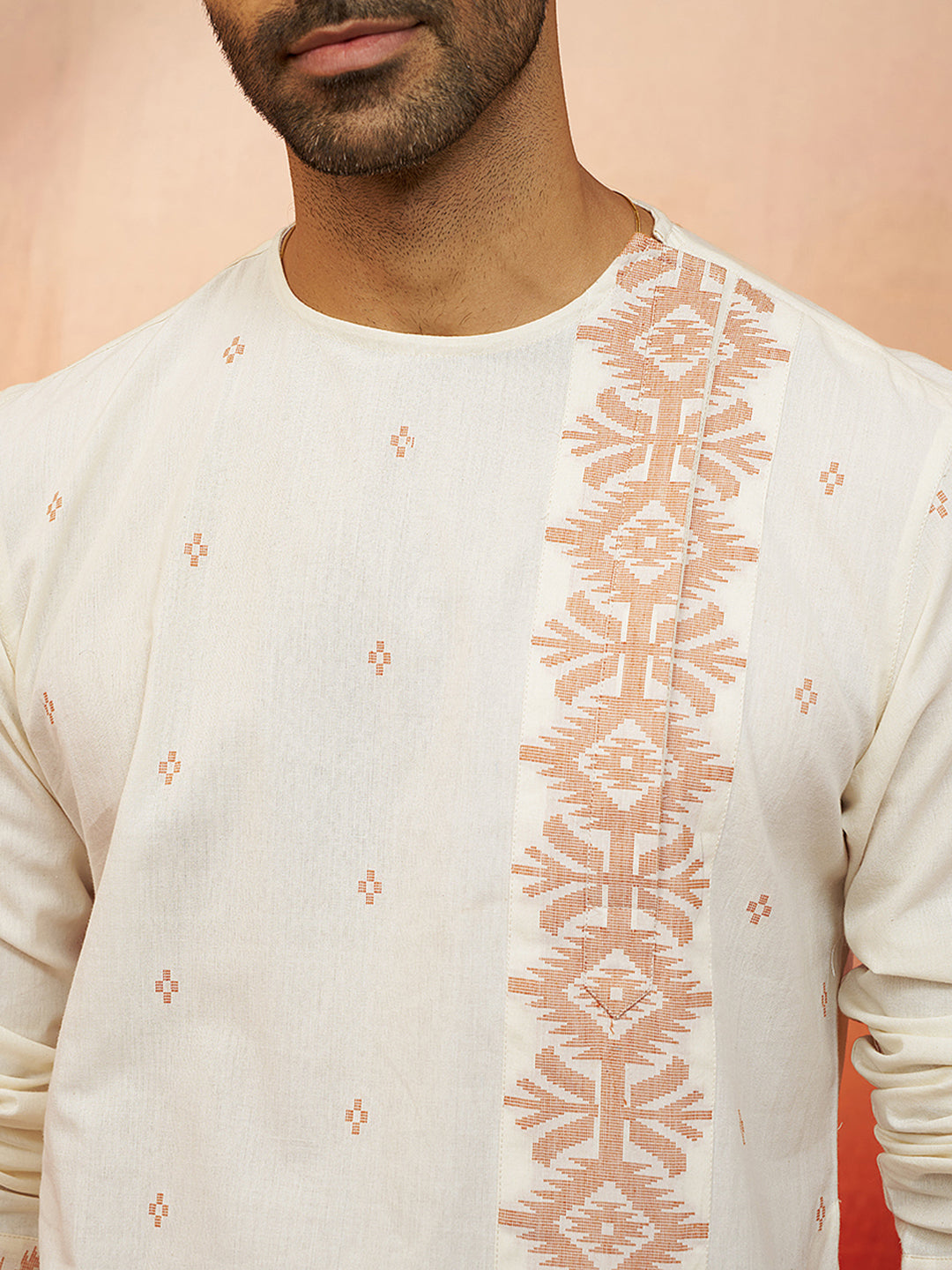 Men's White Rust Jamdani Kurta Pyjama Set
