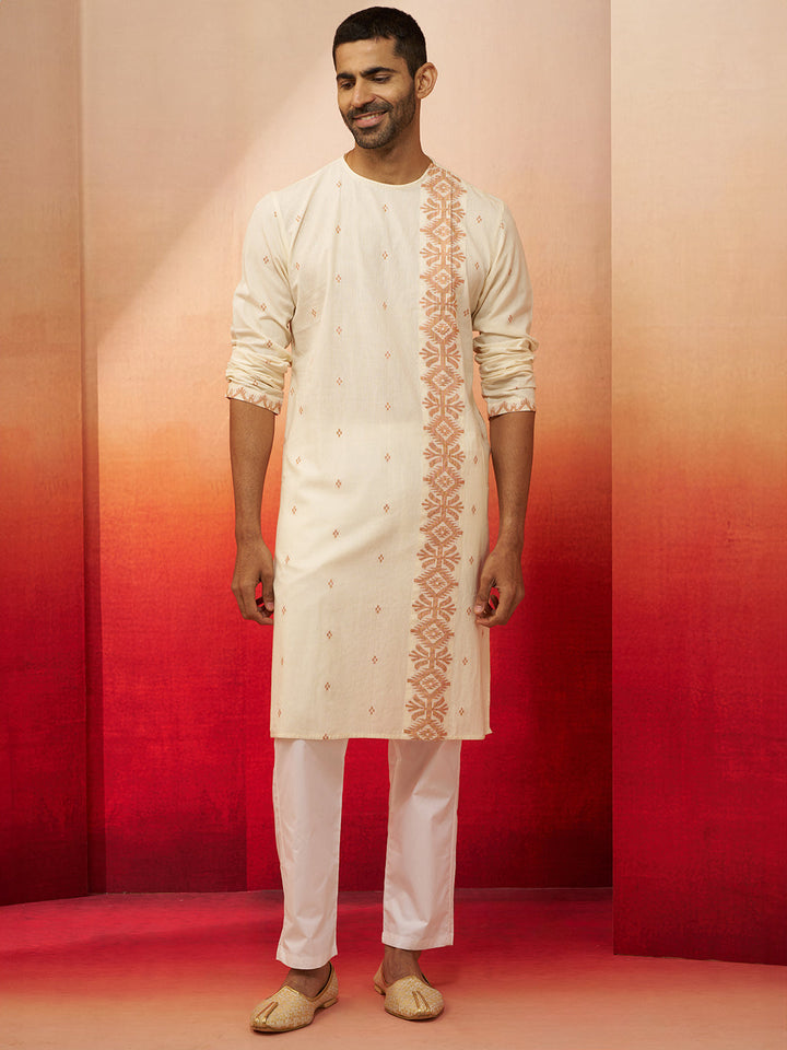 Men's White Rust Jamdani Kurta Pyjama Set