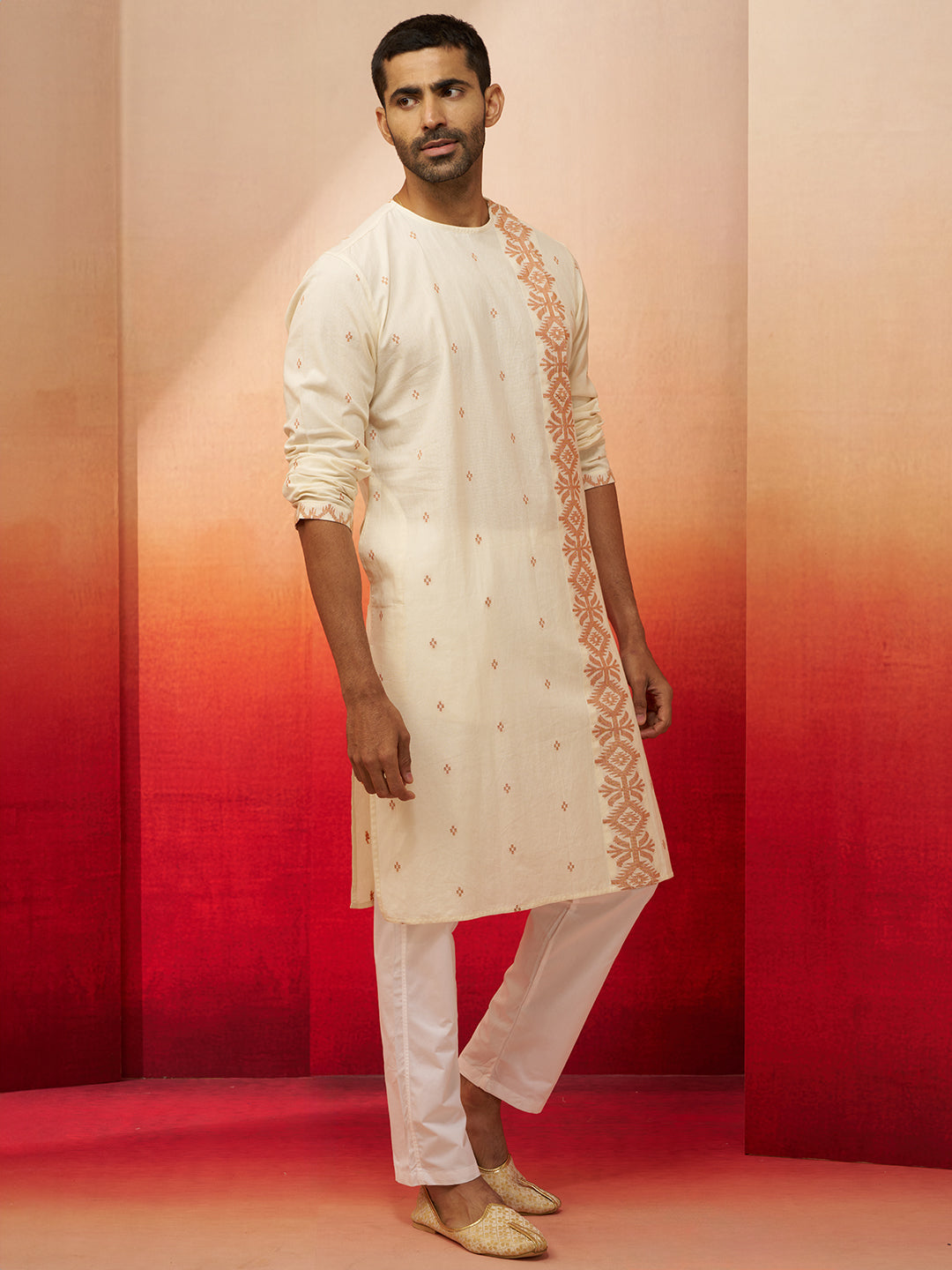 Men's White Rust Jamdani Kurta Pyjama Set